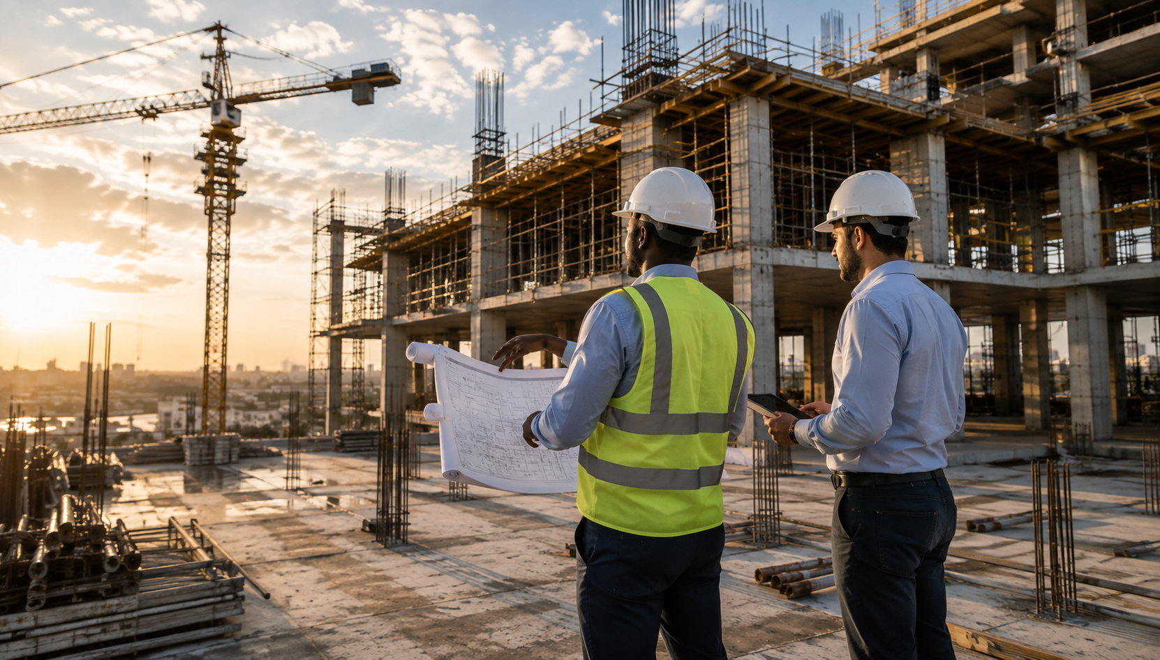 Concept of engineers coordinating structural construction drawings